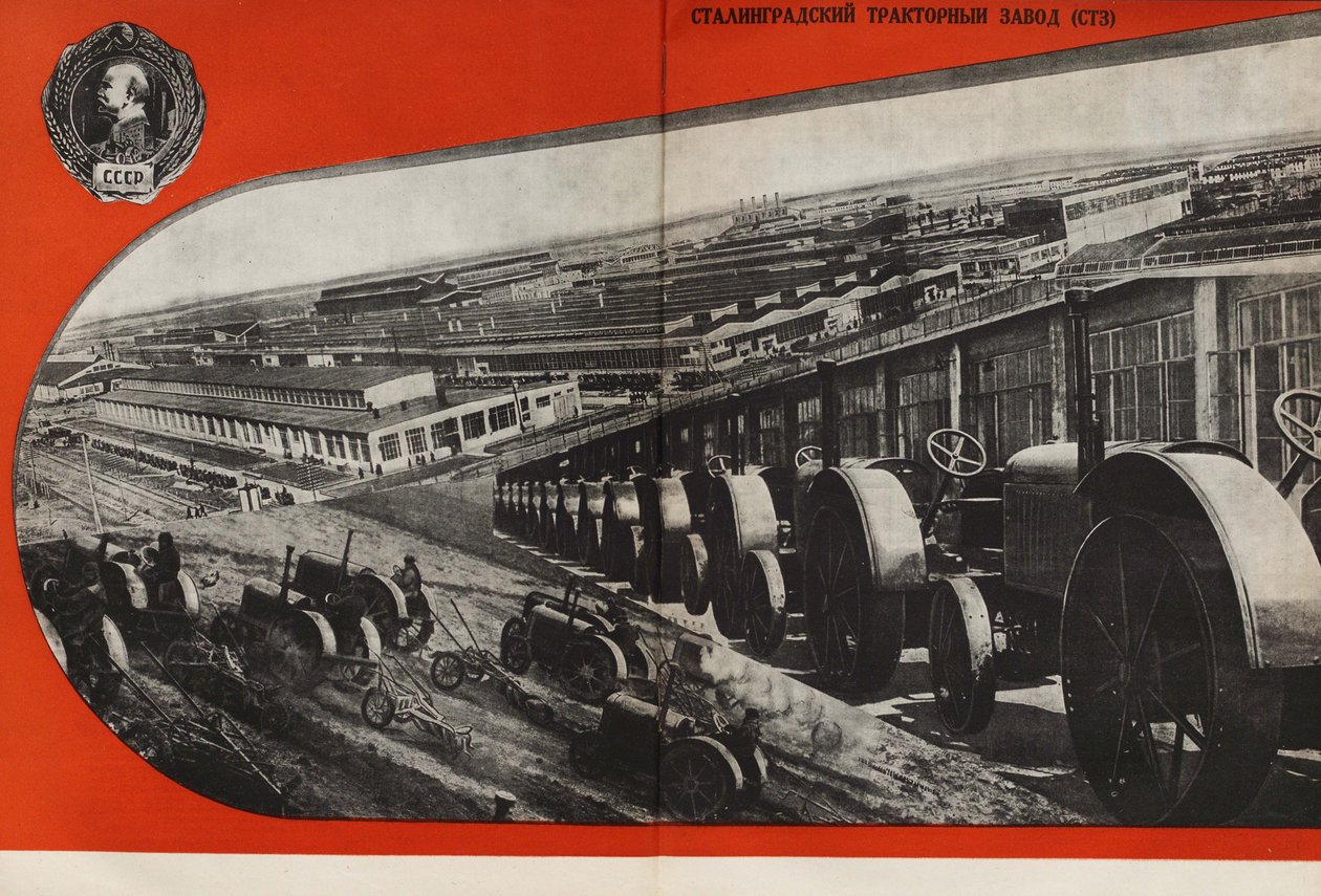 A fábrica de tratores de Stalingrado. Ilustração da URSS Builds Socialism, 1933. de Eliezer Markowich Lissitzky