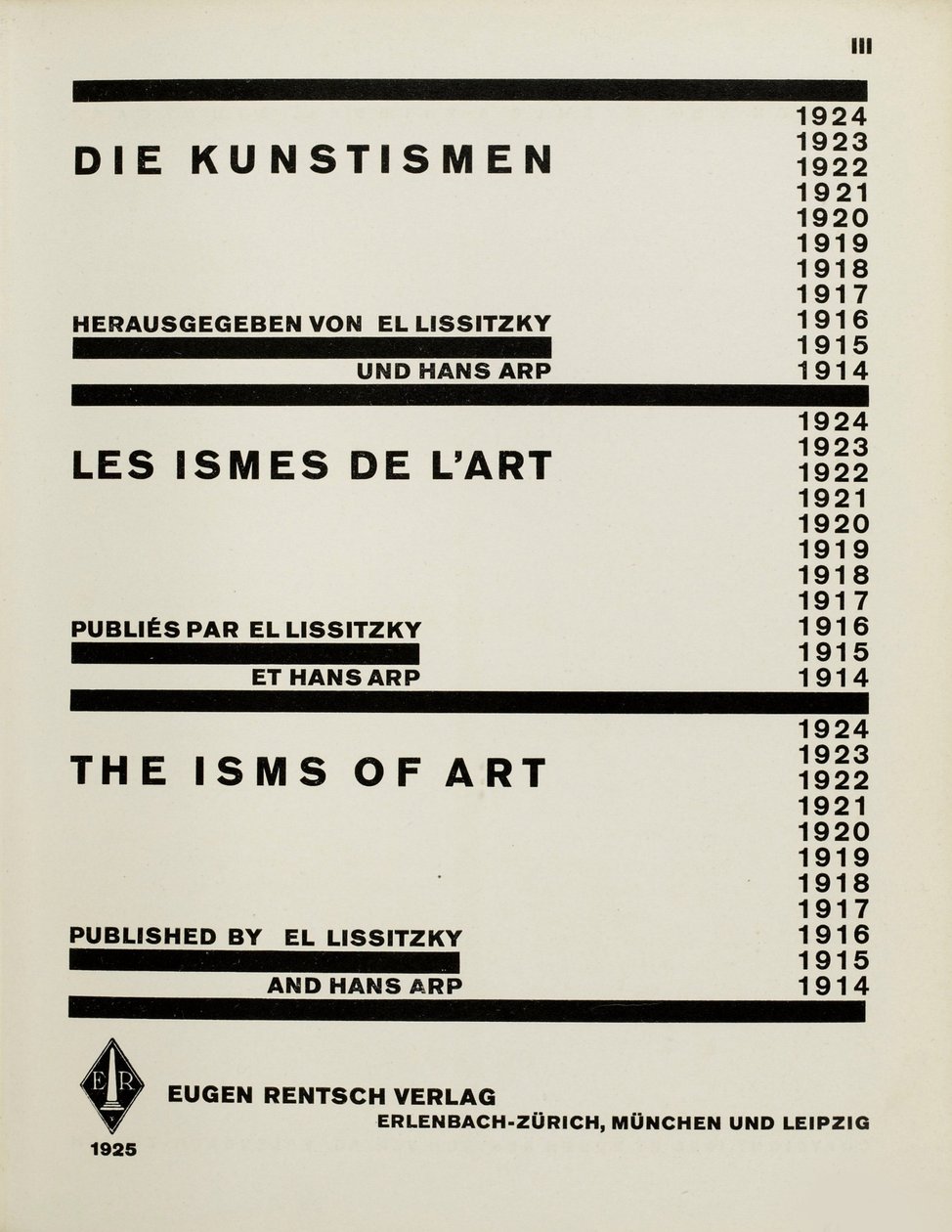 Página de rosto: Os Artismos. Os ismos de arte de El Lissitzky e Hans Arp, 1925. de Eliezer Markowich Lissitzky