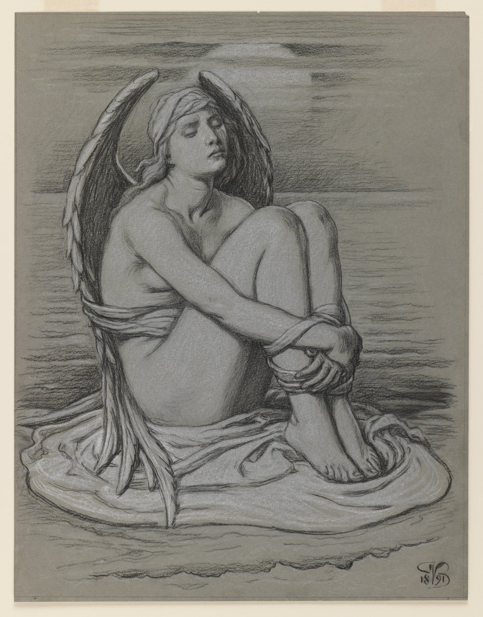 Anjo Encadernado, 1891 (giz preto e branco ou giz de cera em papel tecido) de Elihu Vedder