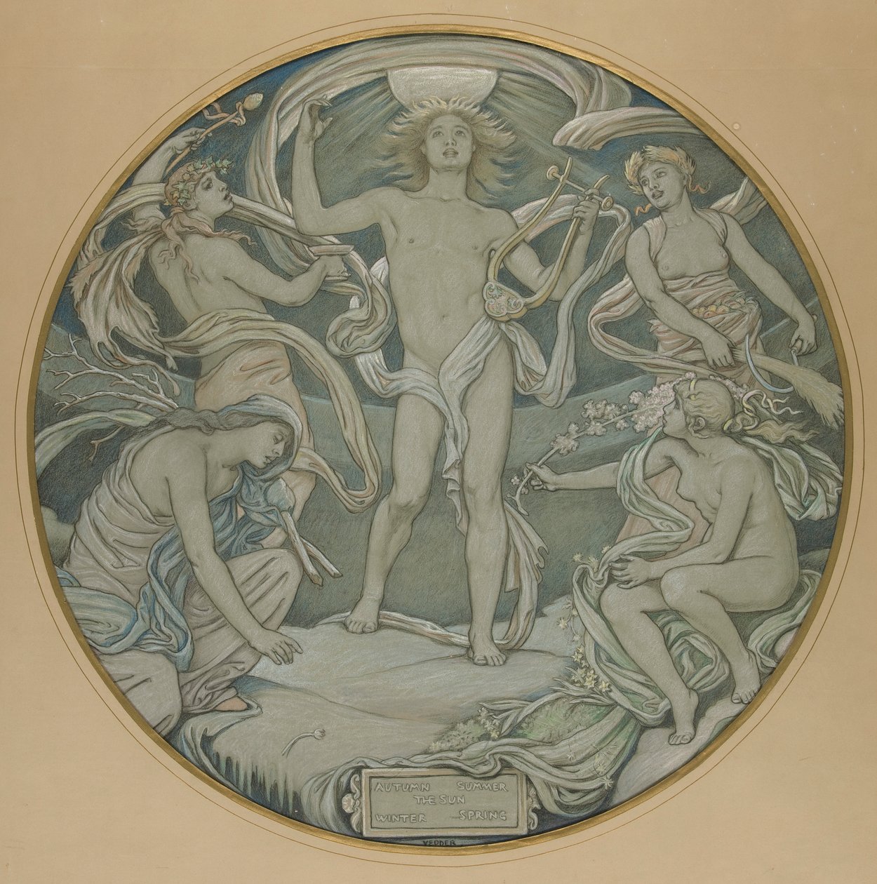 Caricatura para Center Circle of Huntington Ceiling: Apollo e atendentes de Elihu Vedder