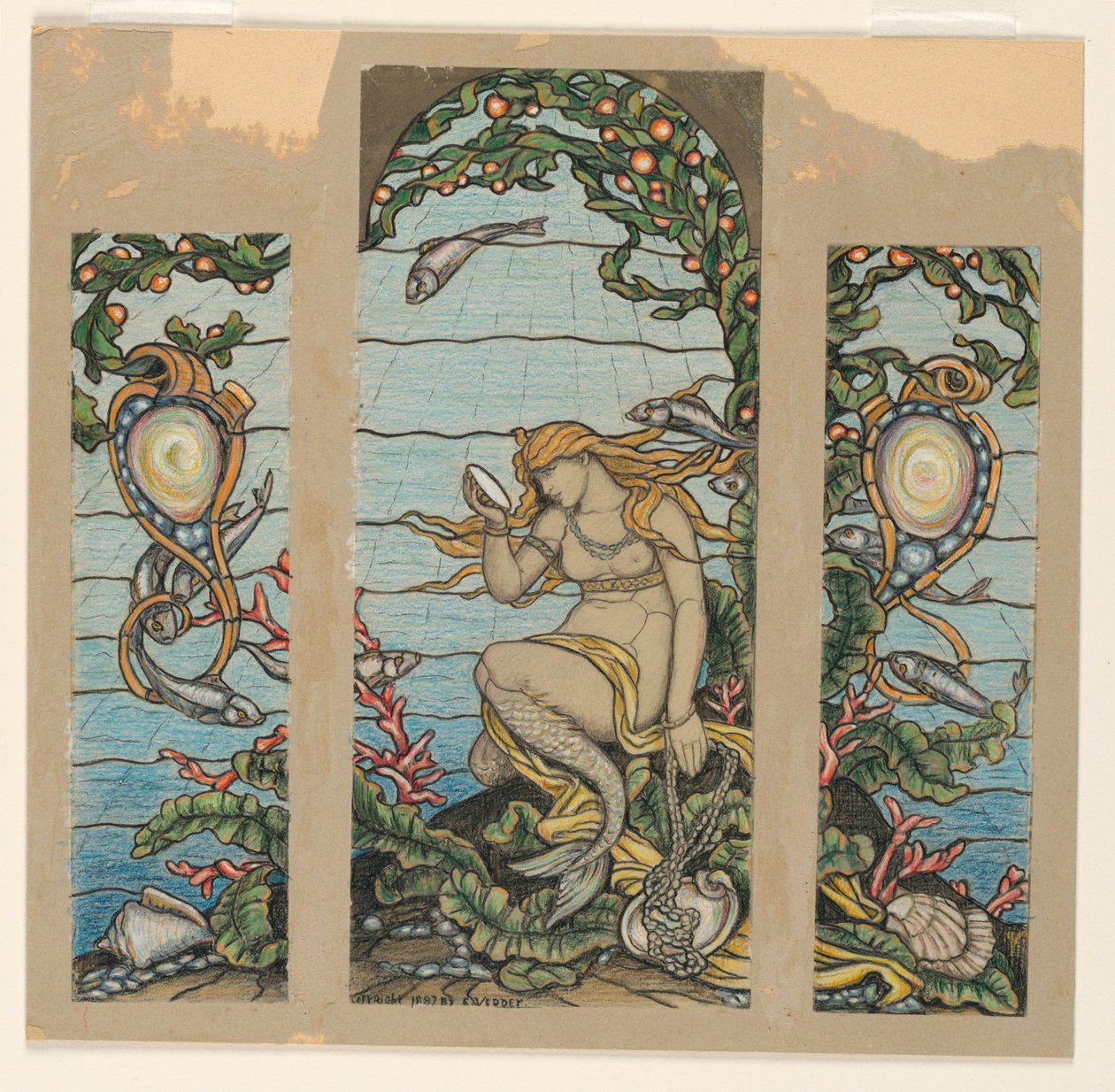 Desenho, Projeto para vitral, A Janela da Sereia, para a residência de A.H. Barney, Nova Iorque, NY, 1882 de Elihu Vedder