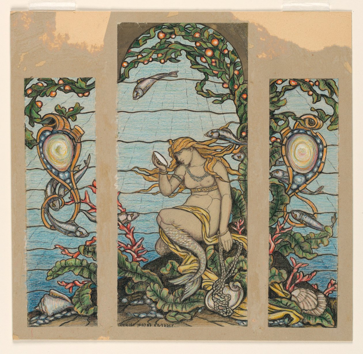 Desenho, "The Mermaid Window", Projeto de vitral para a residência de A.H. Barney, Nova Iorque, NY, 1882 de Elihu Vedder