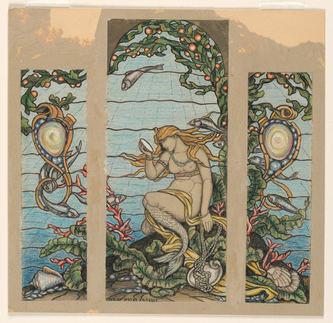 Desenho, "The Mermaid Window", Projeto de vitral para a residência de A.H. Barney, Nova Iorque, NY, 1882 de Elihu Vedder