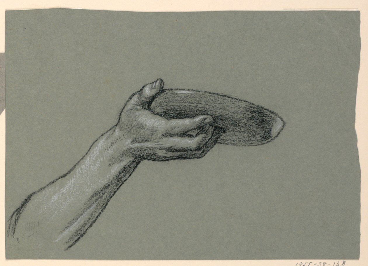Desenho, pormenor de antebraço e mão segurando objeto circular, ca. 1885 de Elihu Vedder
