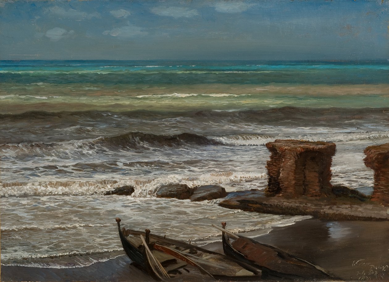 Ondas em Palo 1874 (Óleo sobre cartão, montado sobre tela) de Elihu Vedder