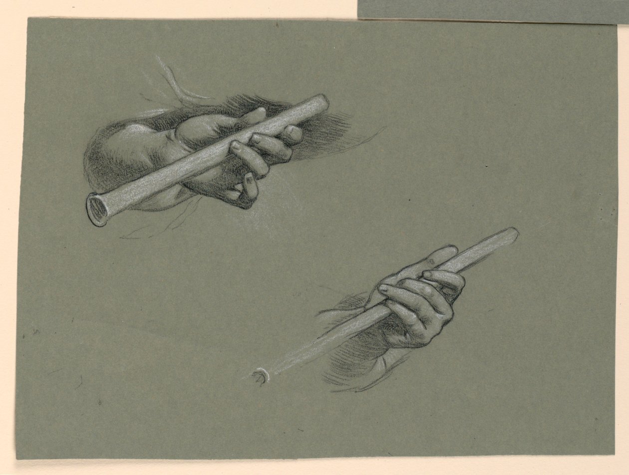 estudos de duas mãos segurando flautas (?) de Elihu Vedder
