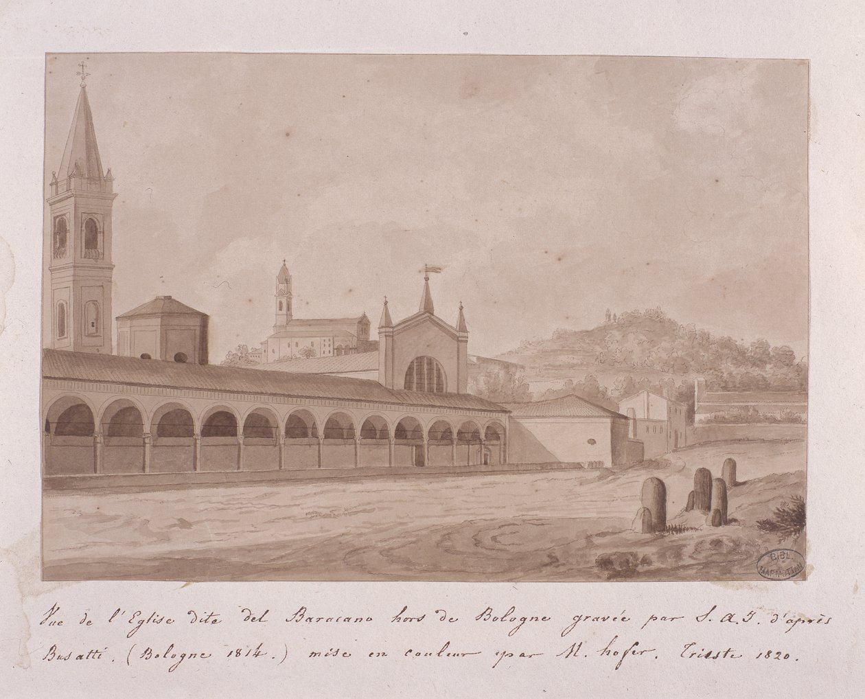 Vista da igreja de Baracano, Bolonha, depois de Basatti, 1814 (gravura realçada com wc no papel) de Elisa Bonaparte