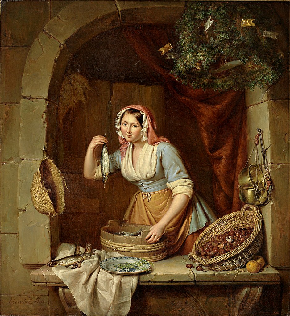 Mulher jovem bonita mercado vendendo arenque e castanhas de Elisabeth Alida Haanen