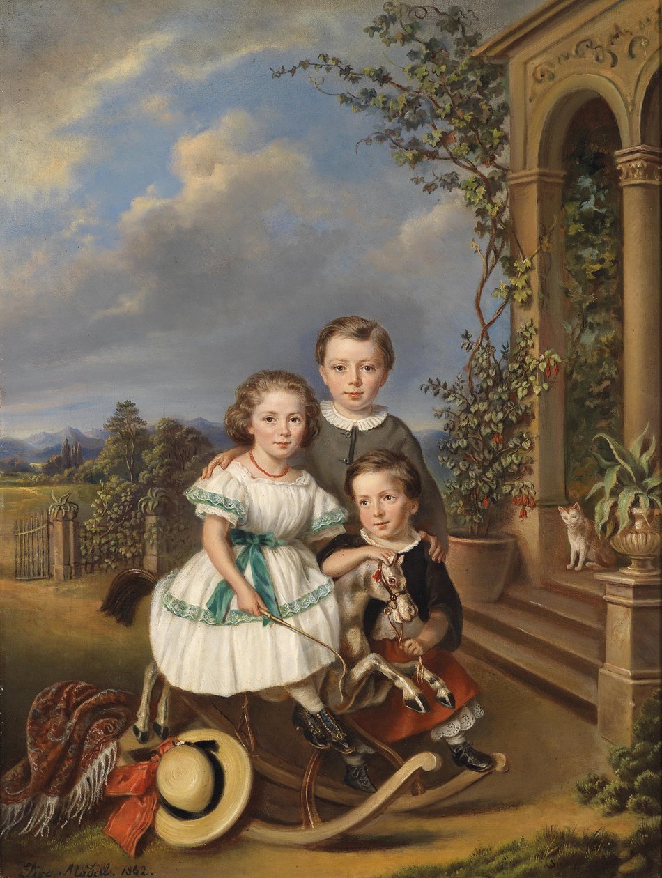 Retratos de três crianças na frente de um pavilhão de jardim de Elisabeth Modell