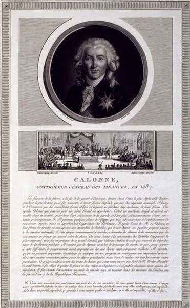 Calonne, Controller General of Finances, em 1787, retrato gravado por Charles Levachez (fl.1760-1820), com uma cena da Assembleia dos Notáveis de Jean Duplessis-Bertaux (1747-1819), c.1803 (gravura) de Elisabeth Louise (after) Vigee Lebrun
