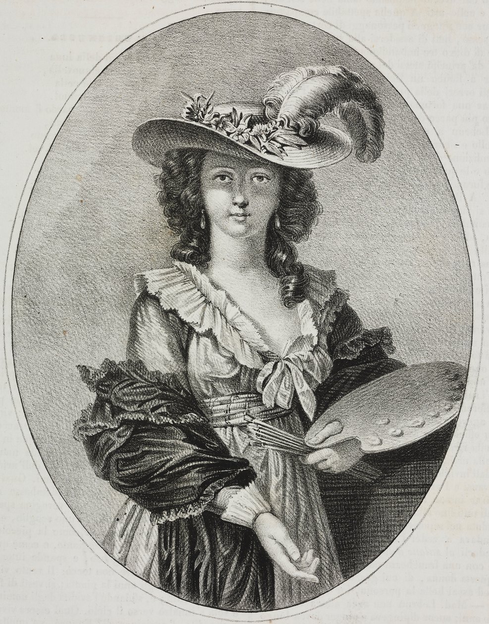 Autorretrato com paleta, da pintora francesa Elisabeth Vigee Le Brun, litografia de Giovanni Mariani de Poliorama Pittoresco, n 42, 28 de maio de Elisabeth Louise (after) Vigee Lebrun