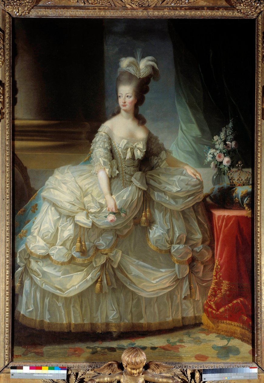 Retrato no pé de Maria Antonieta por Lorraine Habsburg Rainha da França (1755-1793) em grande terno de corte, uma rosa na mão Pintura de Marie Elisabeth Louise Vigee Le brun (ou Vigee-Lebrun ou Vigee Lebrun) (1755-1842) Sol do século XVIII. 2,23 x 1,58 m de Elisabeth Louise Vigee Lebrun