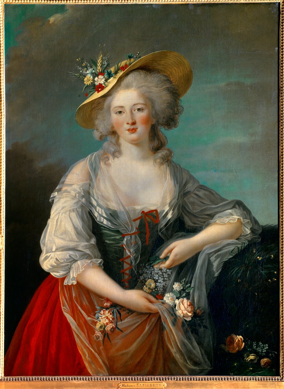 Retrato de Elisabeth Philippine Marie Helene da França conhecida como Madame Elisabeth (1764-1794), irmã de Luís XVI representada em 1782, num traje de campo apresentando flores Pintura de Marie Elisabeth Louise Vigee Le brun (ou Vigee-Lebrun ou Vigee Lebr de Elisabeth Louise Vigee Lebrun