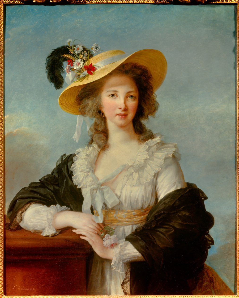 Retrato de Yolande Gabrielle Martine de Polastron, Duquesa de Polignac (1749-1793) com a Pintura de Chapéu de Palha de Marie Elisabeth Louise Vigee Le brun (ou Vigee-Lebrun ou Vigee Lebrun) (1755-1842) 1782 Sol. 0,92x0,73 m - Retrato da duquesa - Retrato de Elisabeth Louise Vigee Lebrun