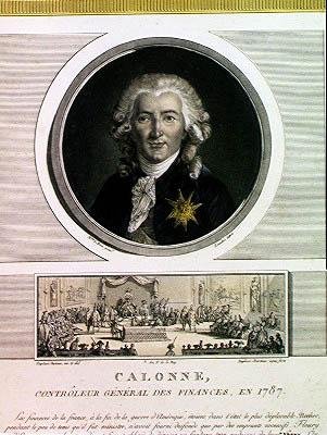 Charles Alexandre de Calonne (1734-1802) controlador geral das finanças de Louis XVI (1754-93) gravado por Charles Levachez (fl.1760-1820) e A Assembléia dos Notáveis, por Jean Duplessi Bertau de Elisabeth Louise after Vigee Lebrun