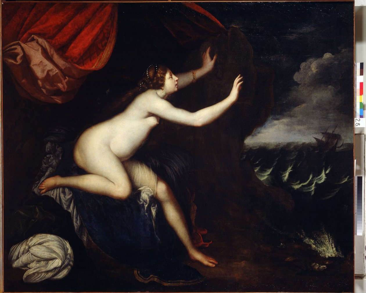 Riyadane (Riyadane) sentou-se no Abandono. Pintura de Elisabetta Sirani (1638-1665). Huille sur Toile de Elisabetta Sirani