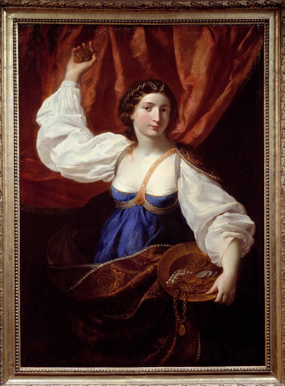 Liberalidade Uma jovem mulher segurando uma bandeja cheia de ouro e jóias. Pintura de Elisabetta Sirani (1638-1665) Nimes do século XVII, Museu de Belas Artes de Elisabetta Sirani
