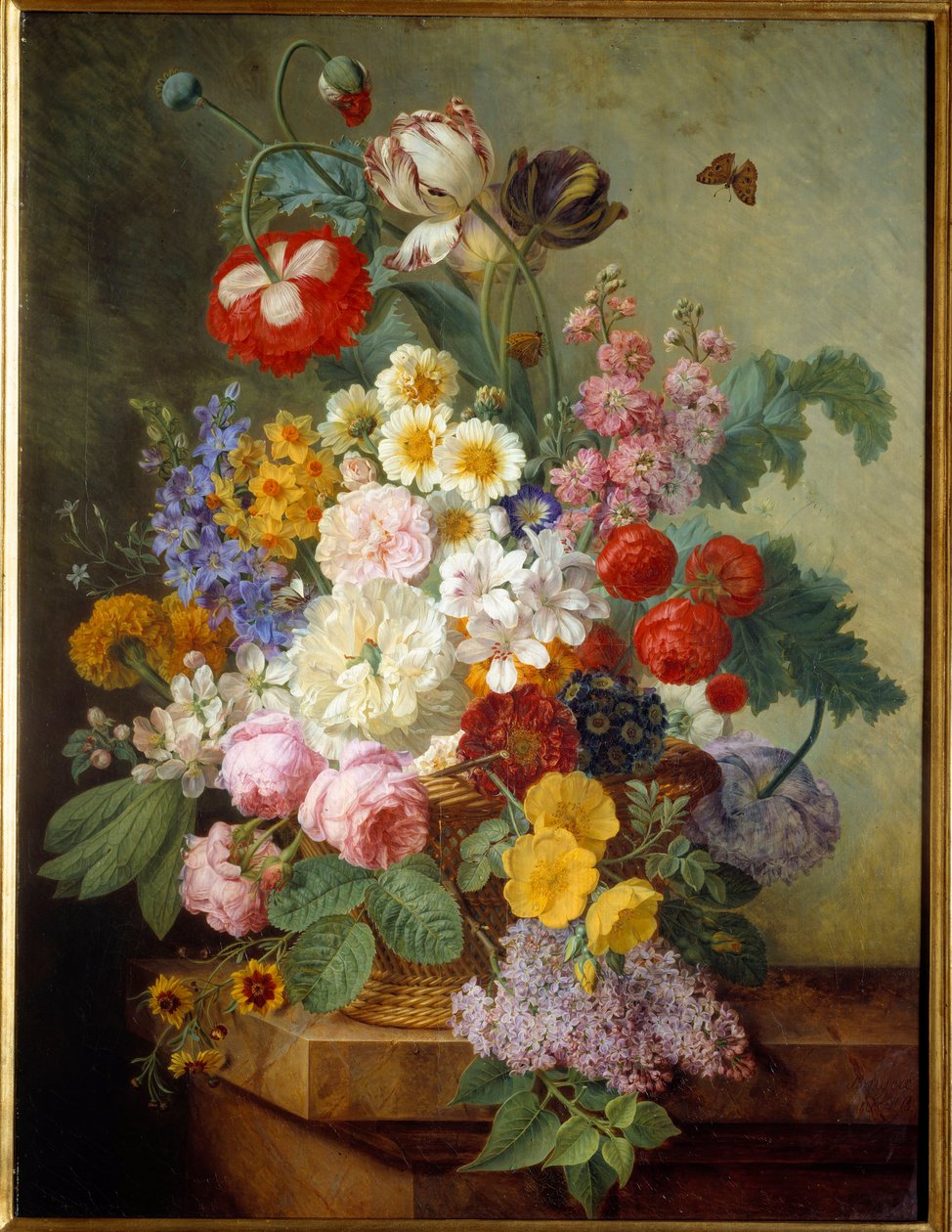Flores numa Pintura Rocaille de Elise Bruyere (1776-1842) 1836 Sol. 0,84x0,64 m Rouen, musee des Beaux Arts - Flores numa rocha. Pintura de Elise Bruyere (1776-1842) de Elise Bruyere