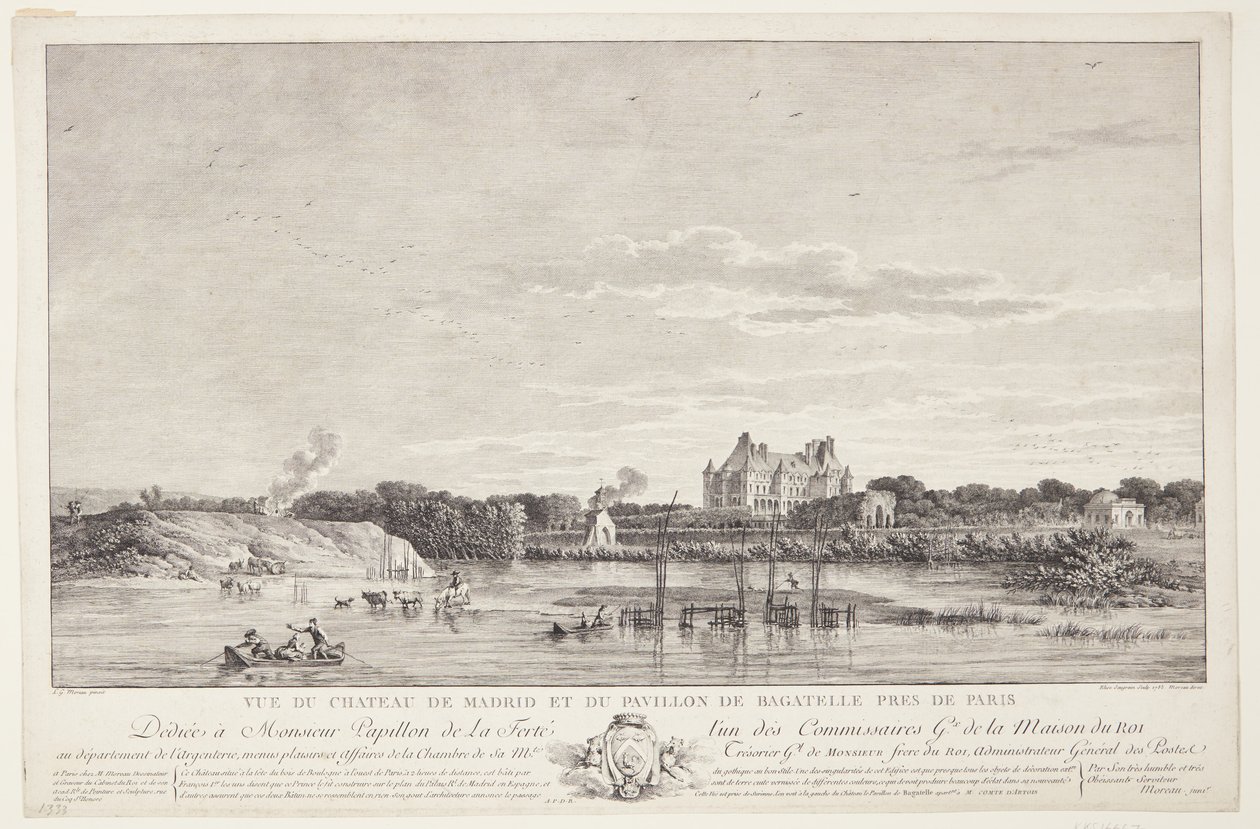 Vista do Château de Madrid e Pavillon de Bagatelle (Vue du Chateau de Madrid et du Pavillon de Bagatelle pres de Paris) de Elise Saugrain