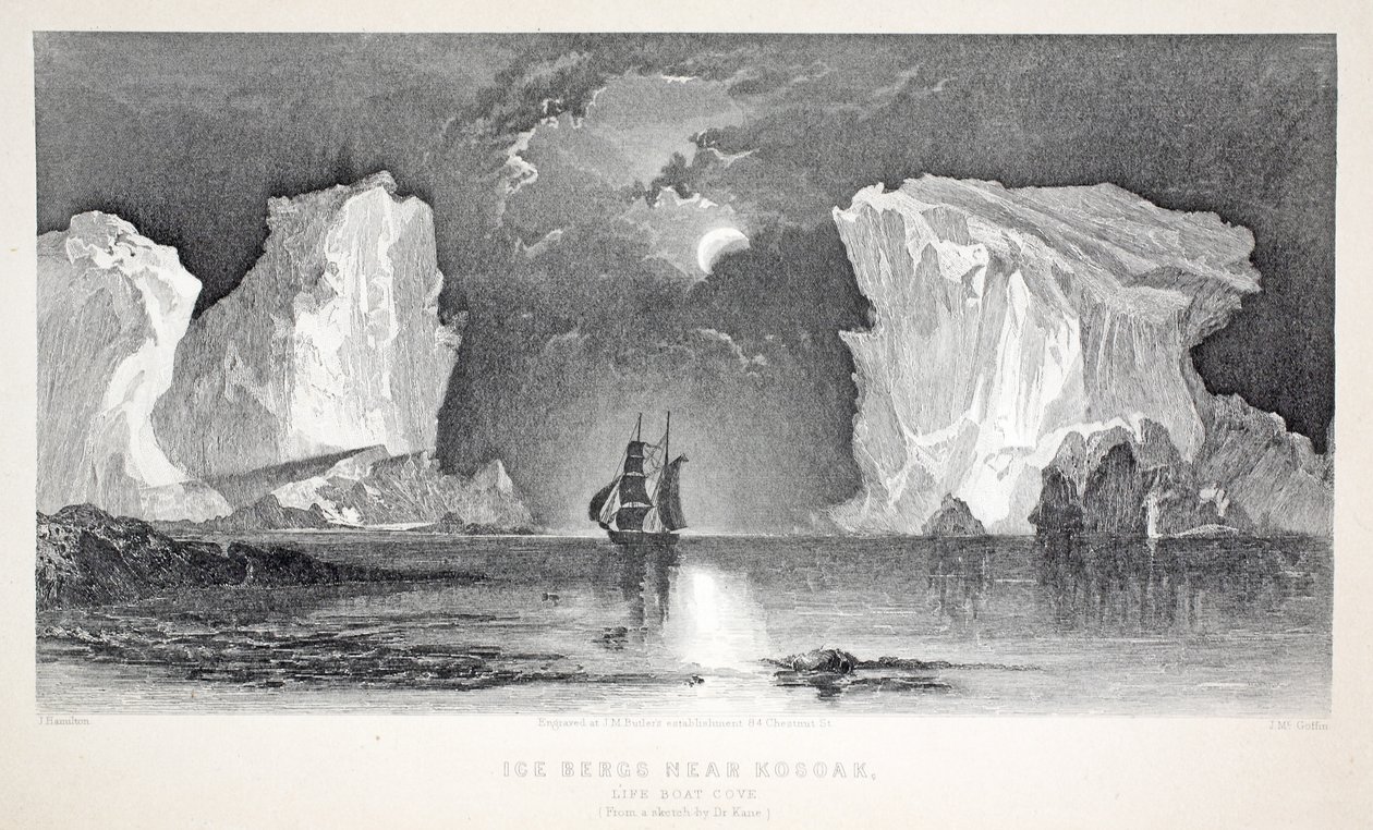 Icebergs perto de Kosoak, Life Boat Cove, ilustração de "A segunda expedição Grinnell em busca de Sir John Franklin ... &39;, 1856 de Elisha Kane