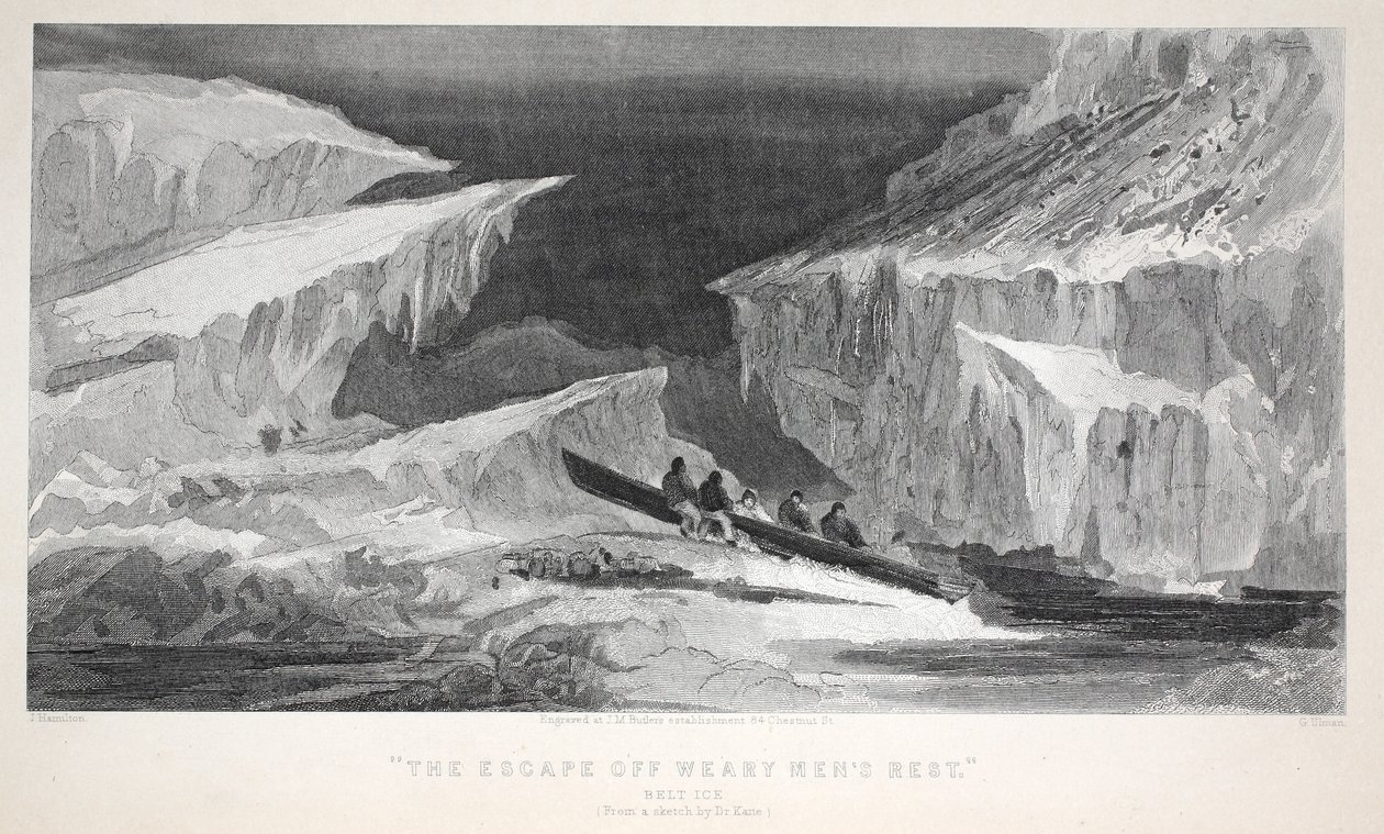 A fuga do resto de Wearyman, Belt Ice, ilustração de "A segunda expedição de Grinnell em busca de Sir John Franklin ...", 1856 de Elisha Kane