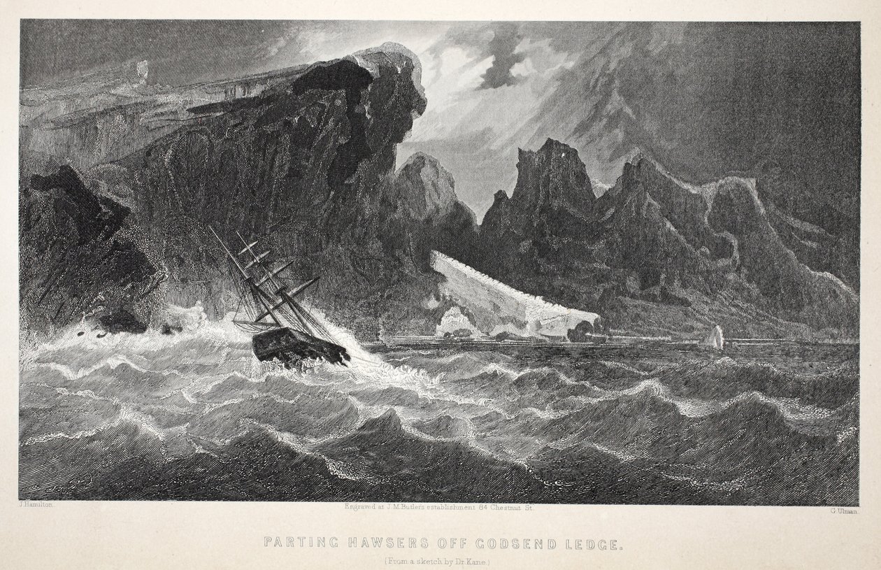 Partindo Hawsers fora Godsend Ledge, ilustração da segunda expedição Grinnell em busca de Sir John Franklin ... &39;, 1856 de Elisha Kane