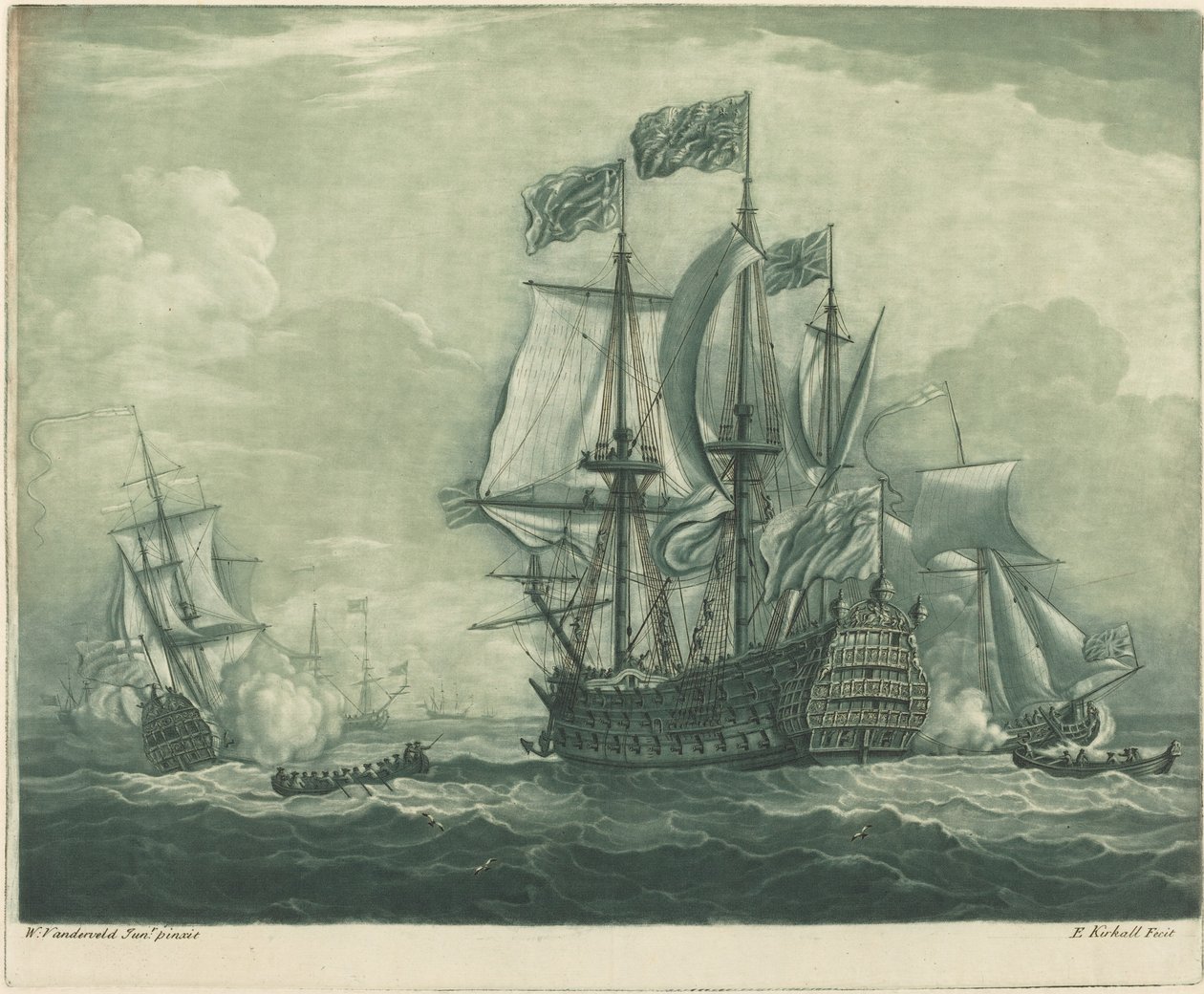 Cena do navio com o Man-of-War, década de 1720. de Elisha Kirkall