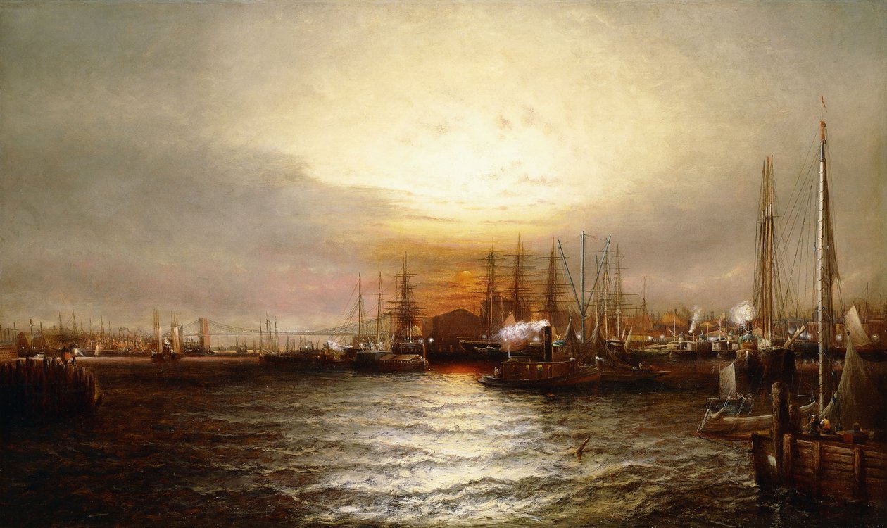 Nascer do sol de Chapman Dock e Old Brooklyn Navy Yard, East River, Nova Iorque de Elisha Taylor Baker