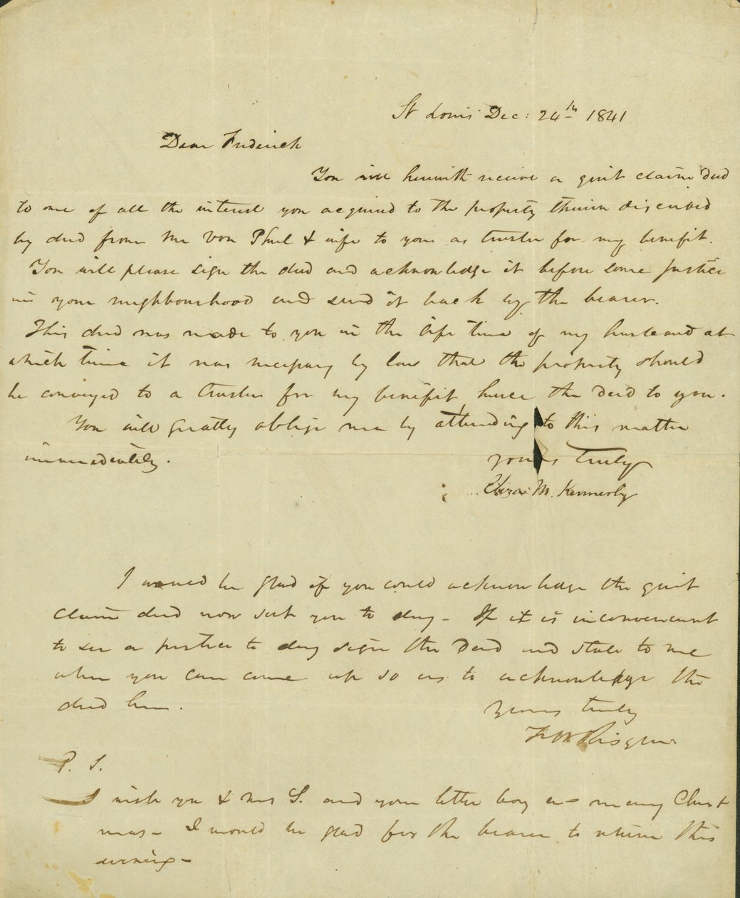 Carta a Frederick Saugrain de Eliza Kennerly, 24 de dezembro de 1841 de Eliza Kennerly