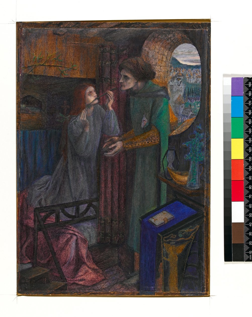 Balconista Saunders, 1857 (wc, guache e giz) de Elizabeth Eleanor Siddal