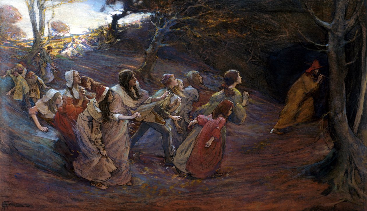 O Flautista de Hamelin (mídia mista no papel) de Elizabeth Adela Stanhope Forbes