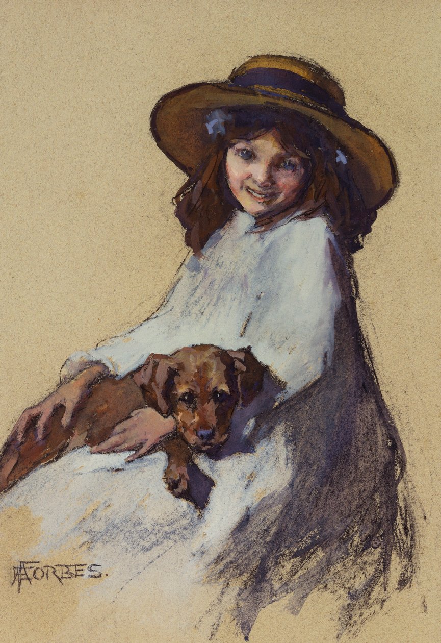 Moça com seu filhote de cachorro de Elizabeth Adela Stanhope Forbes