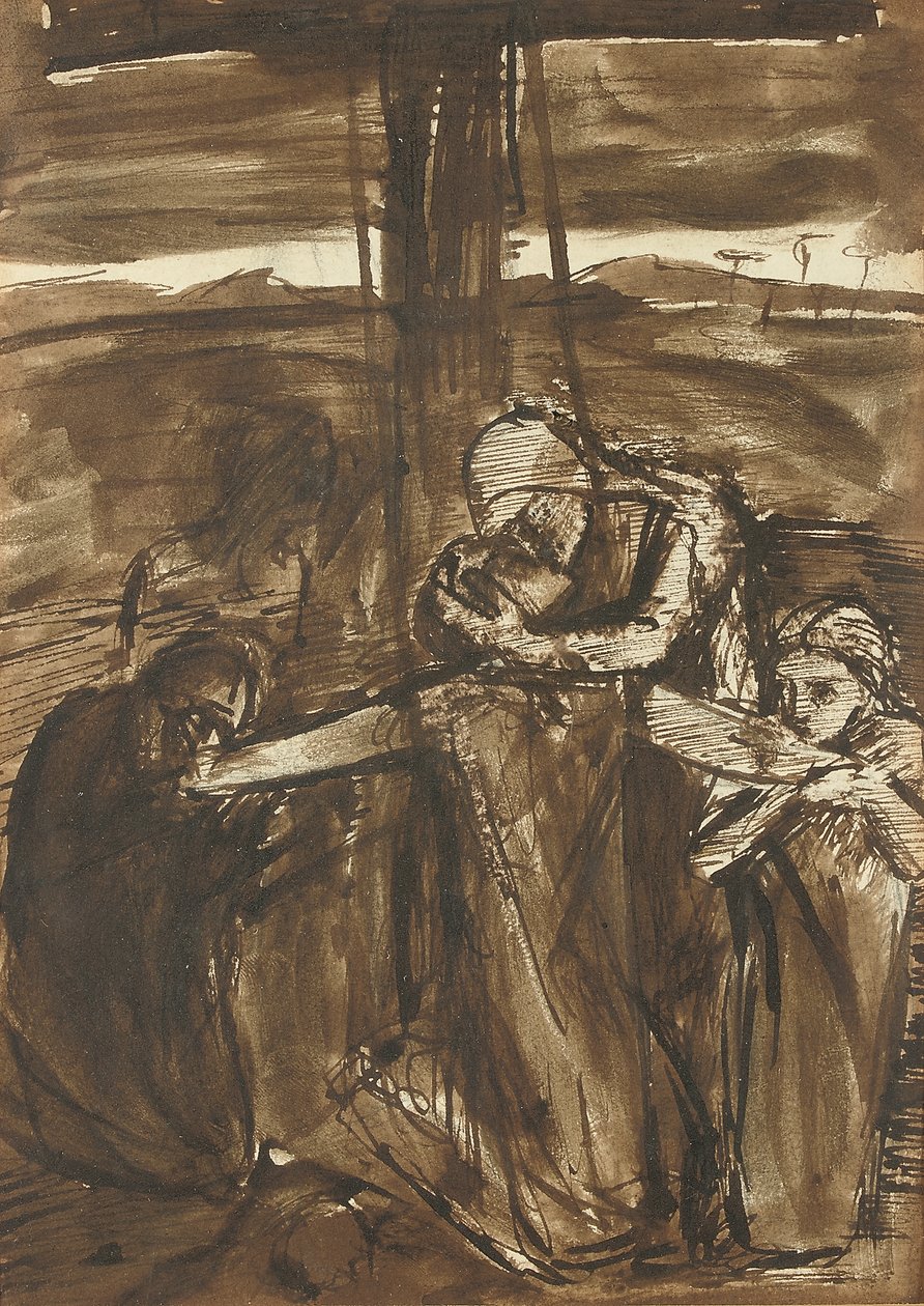 A Descida da Cruz, c.1834-62 (caneta, tinta preta e lavagem castanha sobre papel) de Elizabeth Eleanor (1834 62) Siddal