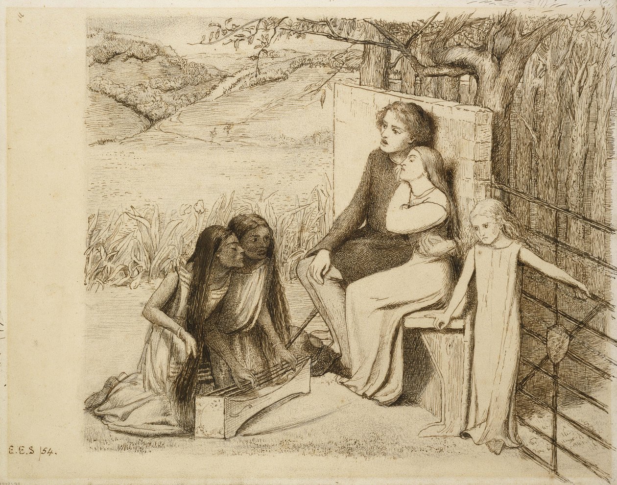 Dois amantes, 1854 (caneta e tinta marrom em papel off-white) de Elizabeth Eleanor Siddal