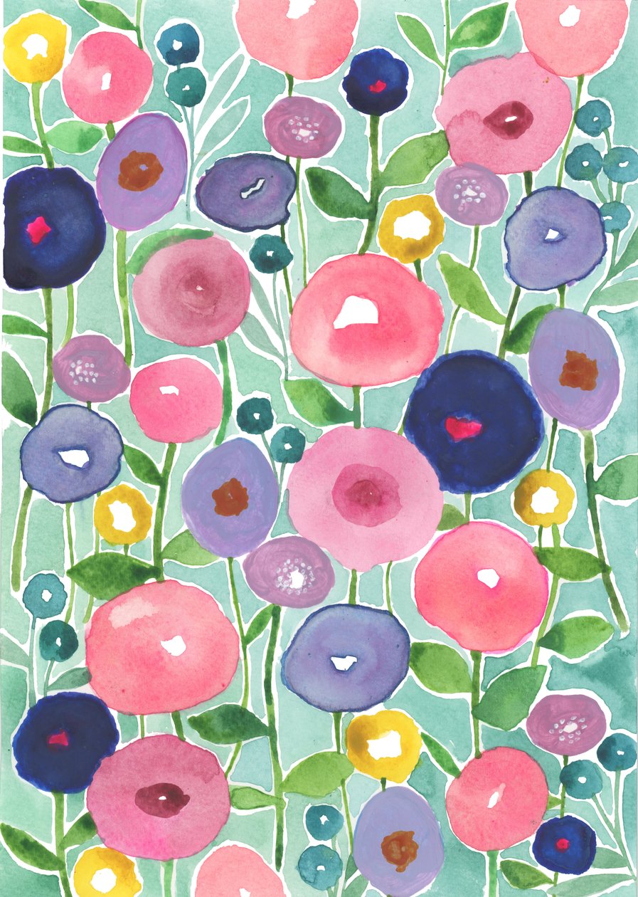 Papoilas em flor sobre fundo aquoso, 2018 (aguarela) de Elizabeth Rider