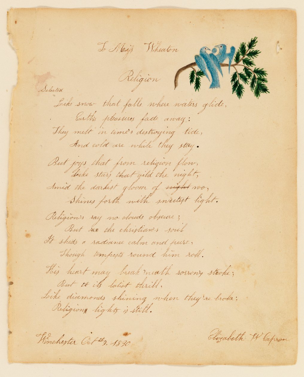 Para Miss Wheaton, Religião, 1830. de Elizabeth W. Capron
