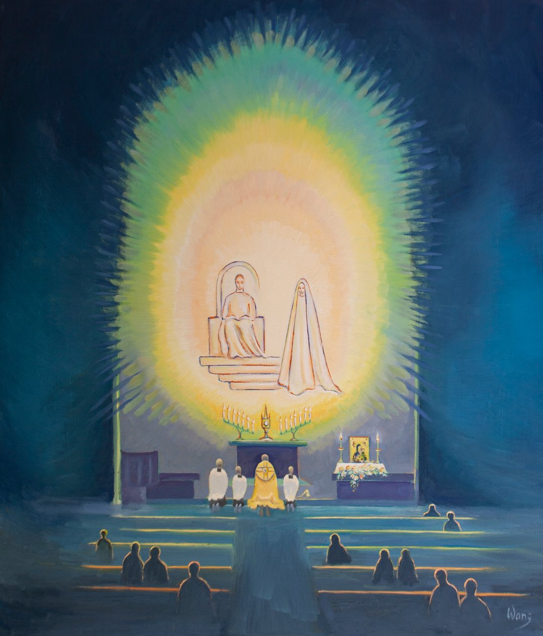 Uma Novena e uma Benção são como uma &39;festa&39; solene para a qual convidados celestiais são convidados, 2002 (óleo a bordo) de Elizabeth Wang