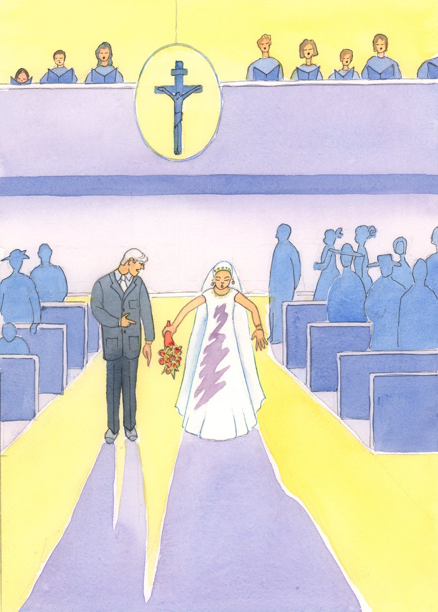 Uma noiva fica horrorizada ao ver uma mancha em seu vestido, e também devemos evitar ter &39;manchas&39; em nossas almas, por pecados graves, ao subirmos para receber a Sagrada Comunhão, 2003 (w - c no papel) de Elizabeth Wang