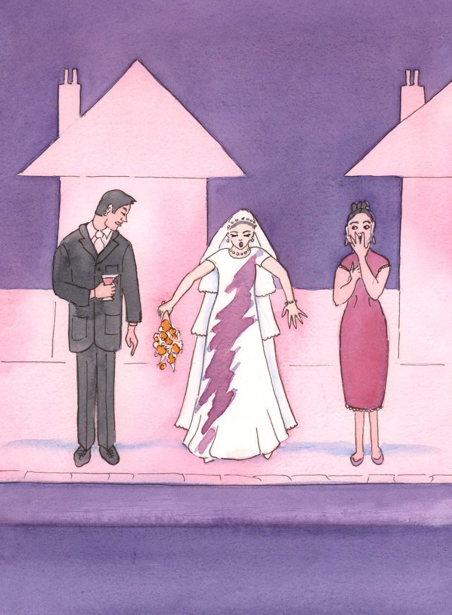 Uma noiva fica horrorizada ao ver uma mancha em seu vestido, e também devemos evitar ter &39;manchas&39; em nossas almas, por pecados graves, ao subirmos para receber a Sagrada Comunhão, 2003 (w - c no papel) de Elizabeth Wang