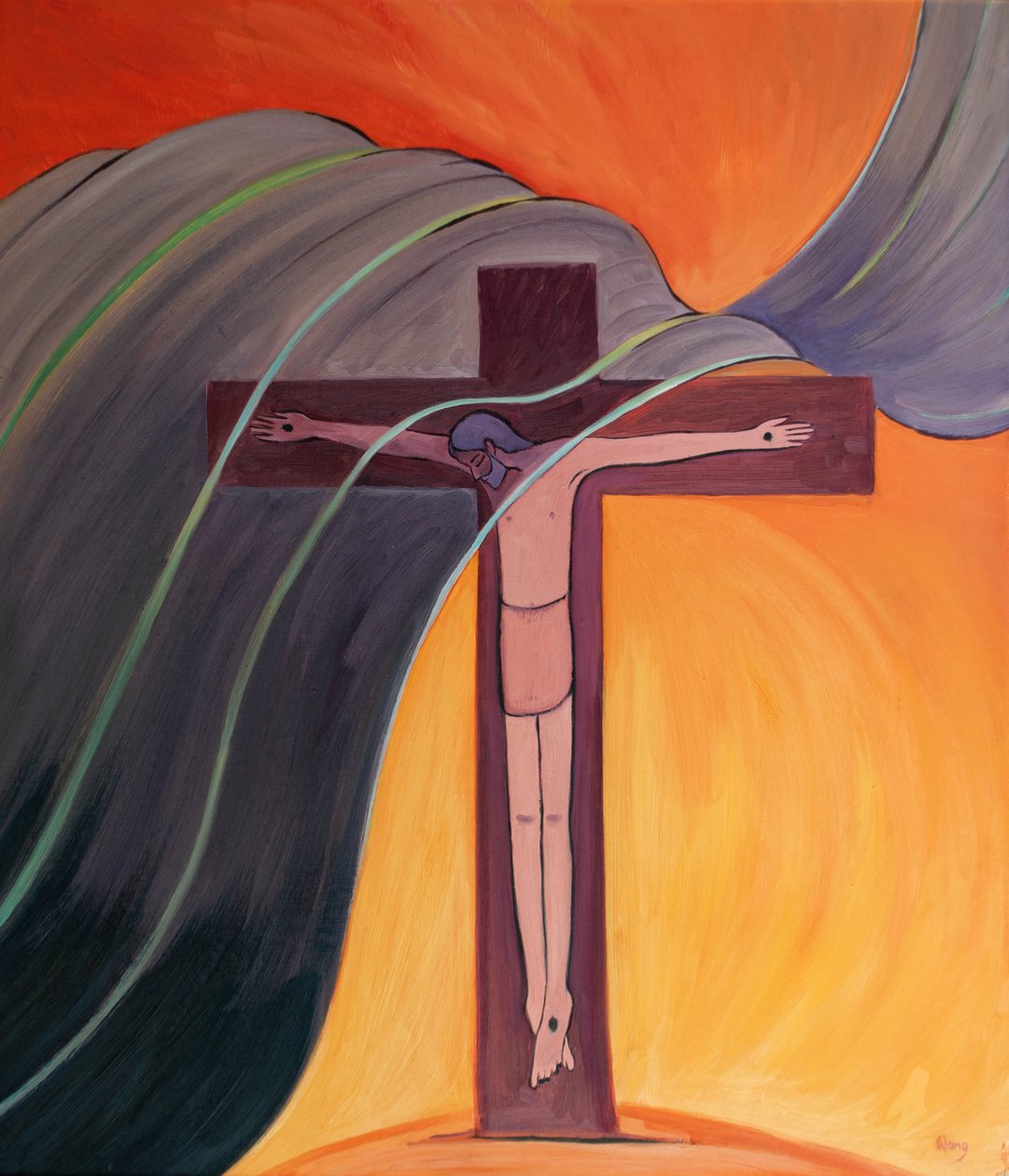 Um vento malévolo varre a terra. Mas, pela nossa confiança em Cristo, podemos resistir a isso, 2001 (óleo a bordo) de Elizabeth Wang
