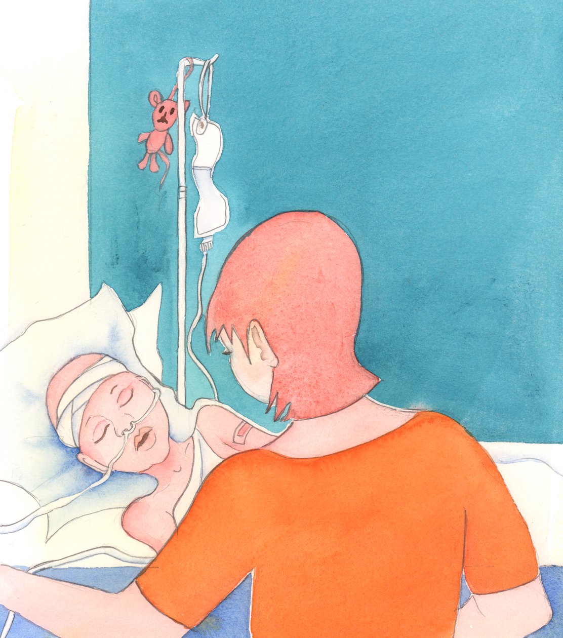 Uma mãe com uma criança gravemente doente continua a amá-la, 2005 (aguarela sobre papel) de Elizabeth Wang