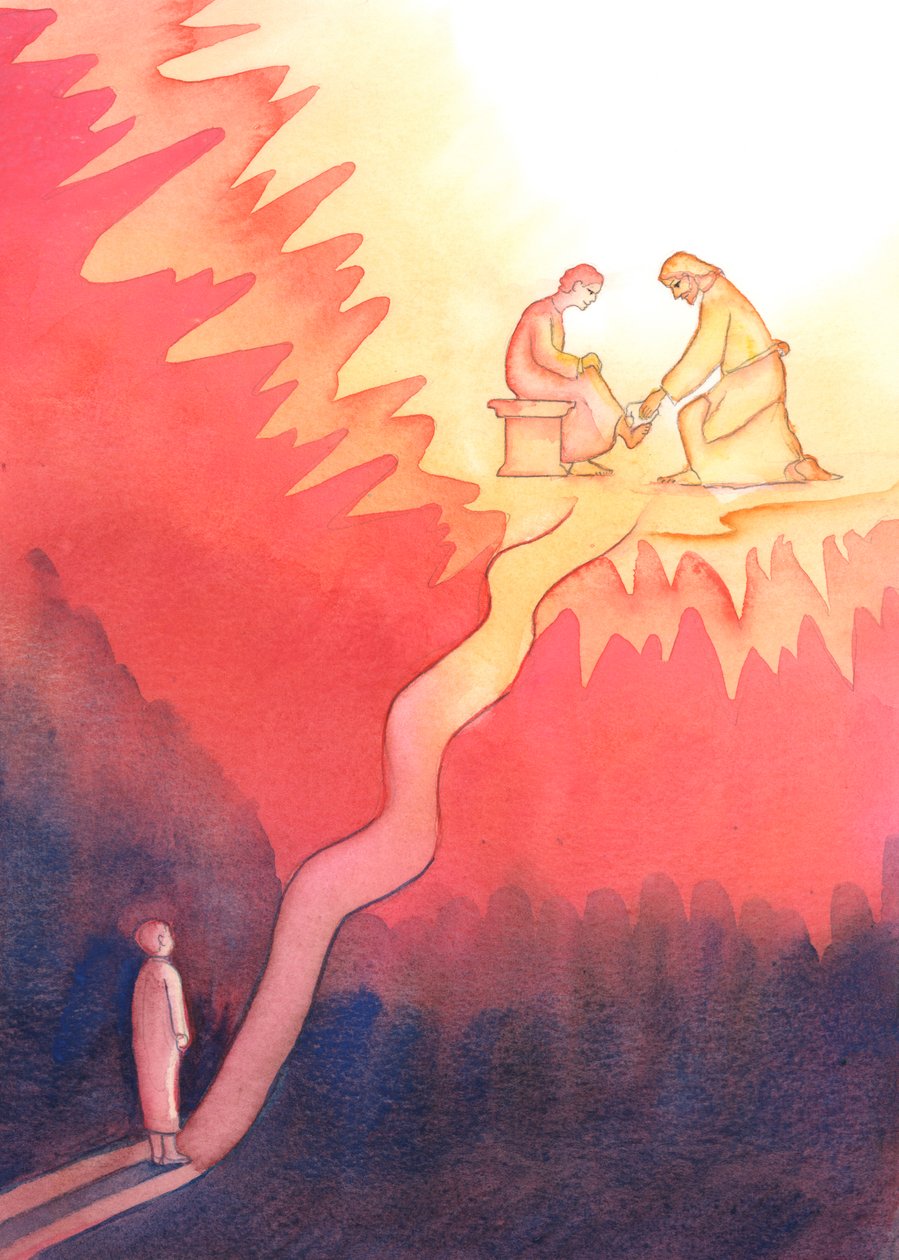 Uma pessoa que, por amor de Deus, ama e serve ao próximo, percorre um árduo caminho em direção ao Céu, com subidas íngremes, 2004 (w - c no papel) de Elizabeth Wang