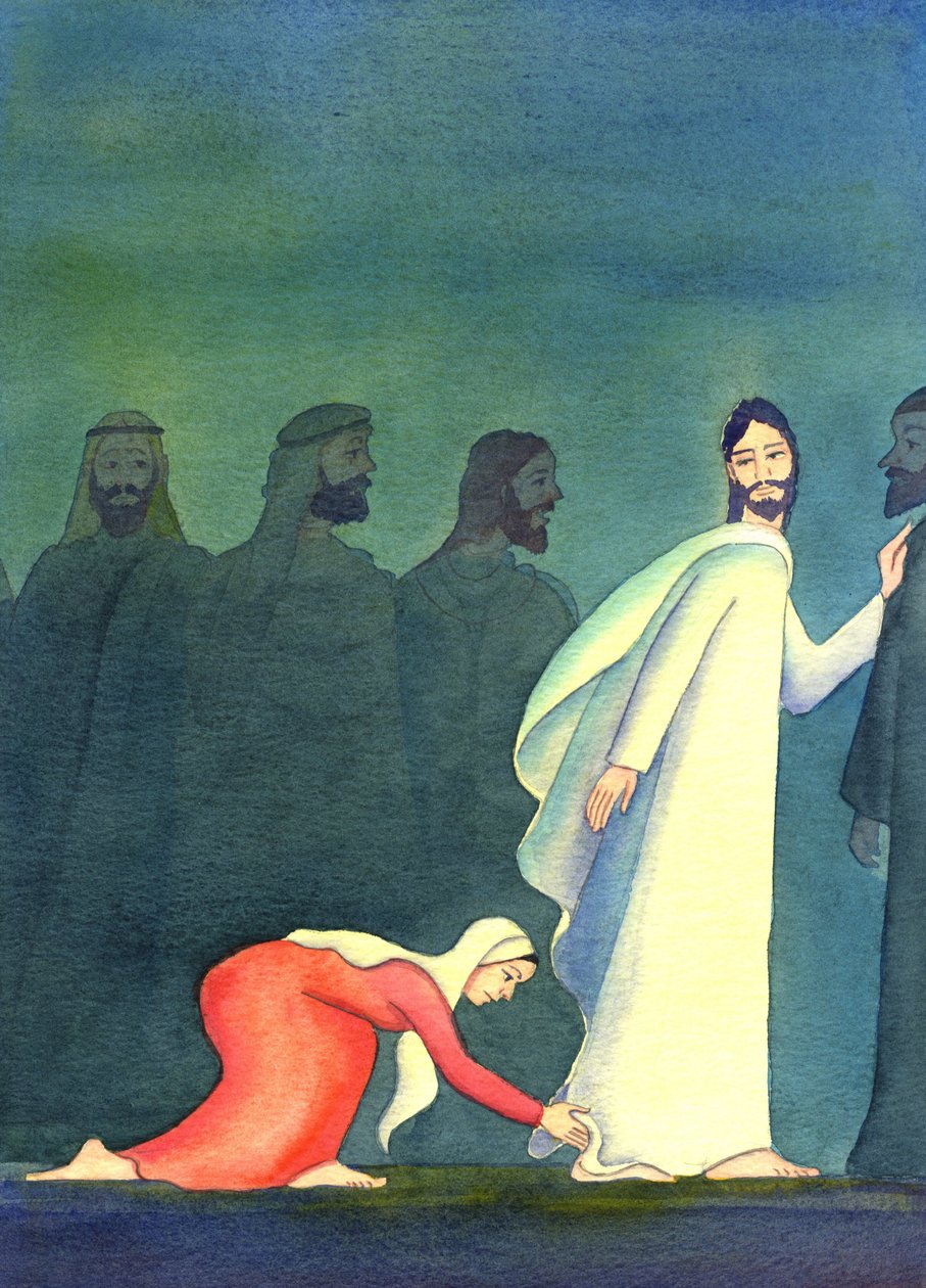 Uma mulher pensou consigo mesma: "Se ao menos puder tocar na bainha de Suas vestes, serei curada", 2001 (w - c no papel) de Elizabeth Wang