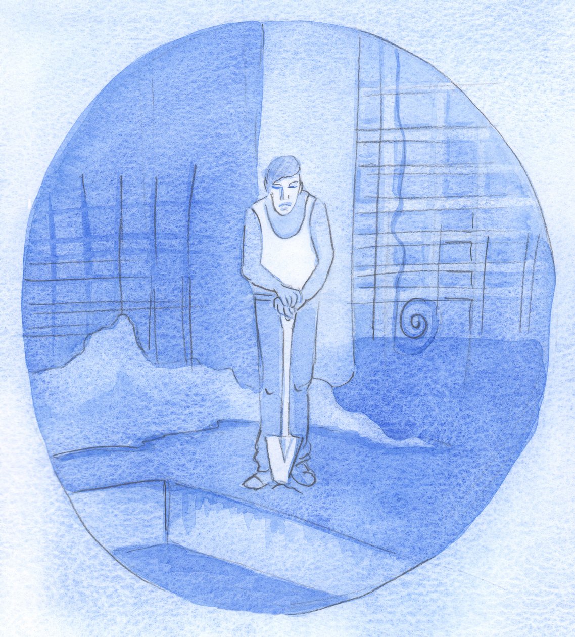 Um operário apóia-se em sua pá em meio à bagunça e desordem de um canteiro de obras, sem ver ainda a razão de todo o Seu trabalho: assim é conosco enquanto perseveramos na fé !, 2001 (c - c no papel) de Elizabeth Wang