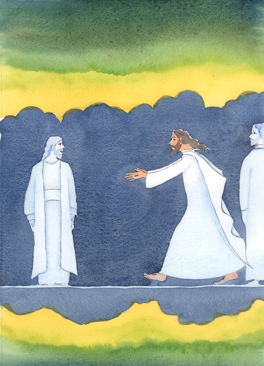 Após a morte de Cristo, Ele passou correndo por muitas pessoas santas no submundo, para saudar Abraão, que obedeceu ao chamado de Deus para deixar seu país., 2004 (w - c no papel) de Elizabeth Wang