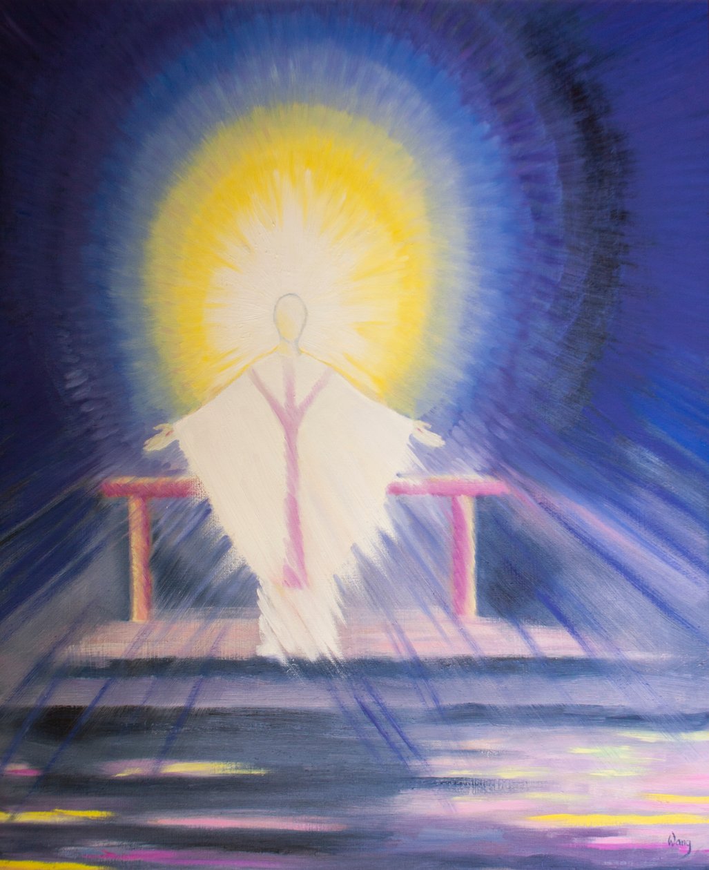 Depois da consagração na missa, Jesus Cristo, verdadeiro Deus e verdadeiro homem, está presente conosco em toda a sua glória, 2000 (óleo a bordo) de Elizabeth Wang