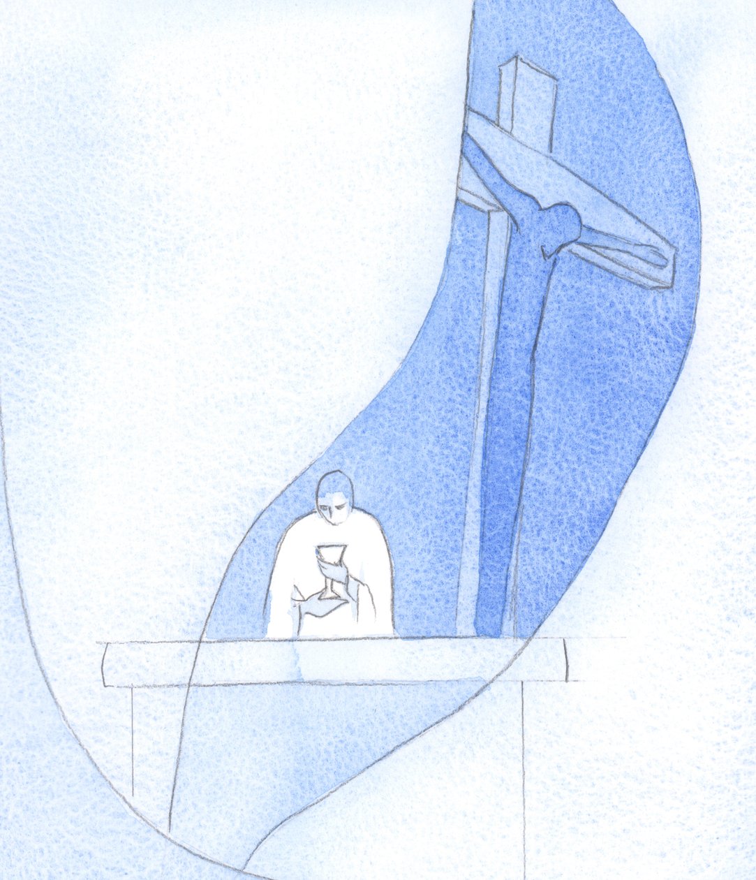 Depois que o vinho foi consagrado, eu vi o cálice que agora continha o Sangue Precioso; Eu vi o &39;véu&39; se abrindo e Cristo em Sua cruz oferecendo Seu sacrifício, 2002 (w - c no papel) de Elizabeth Wang