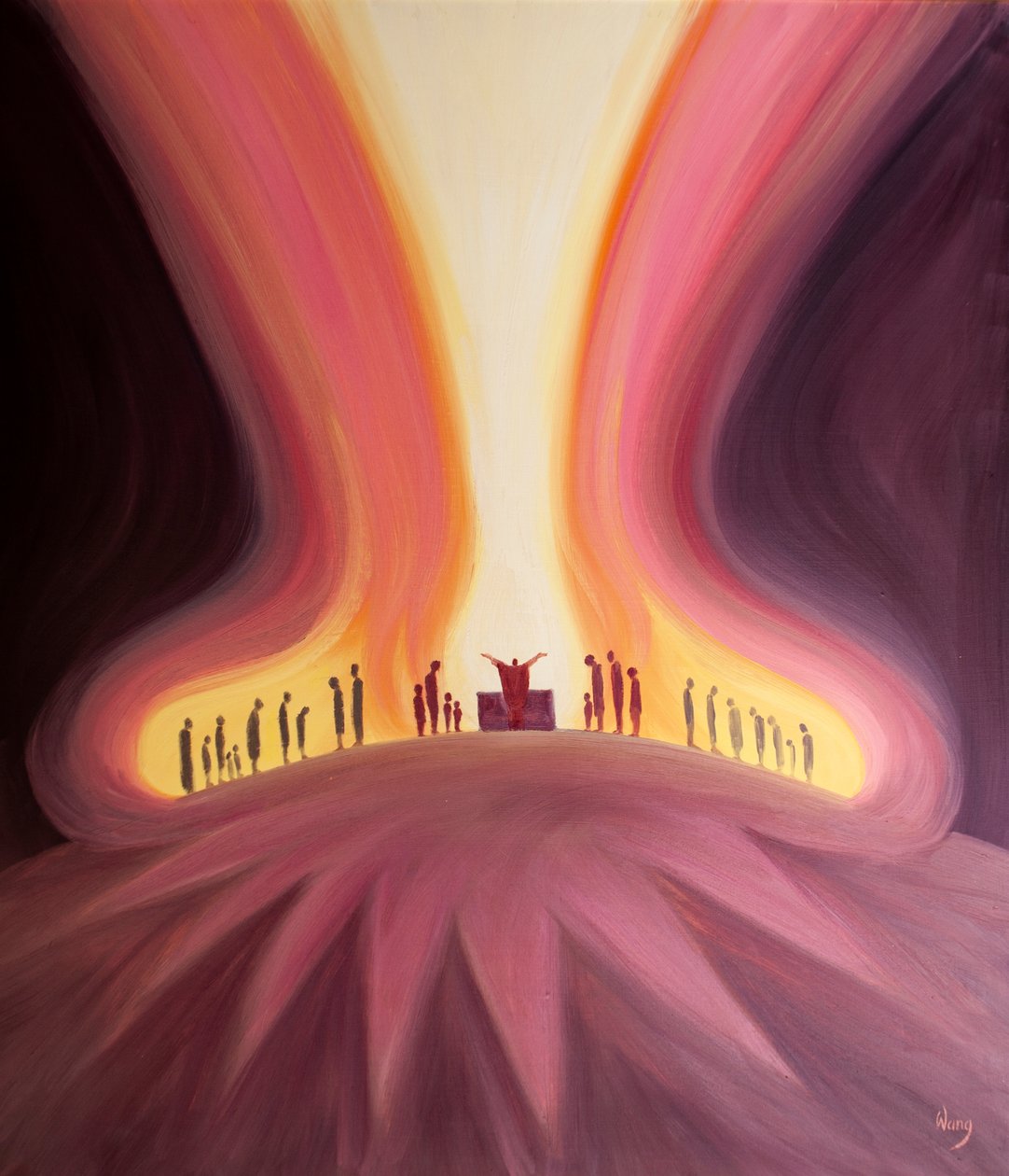 Todos os cristãos que louvam a Deus oferecem esse louvor através do Santo Sacrifício da Missa, mesmo que não tenham consciência disso, 2001 (óleo a bordo) de Elizabeth Wang