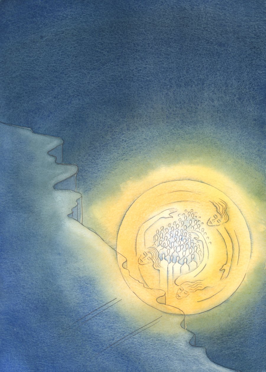 Todos os que compartilham a vida trinitária de Deus podem se sentir seguros na morte - como se estivessem caindo de um penhasco, mas mantidos no alto sob a luz de Deus até chegarem ao outro lado, 2003 (w - c no papel) de Elizabeth Wang