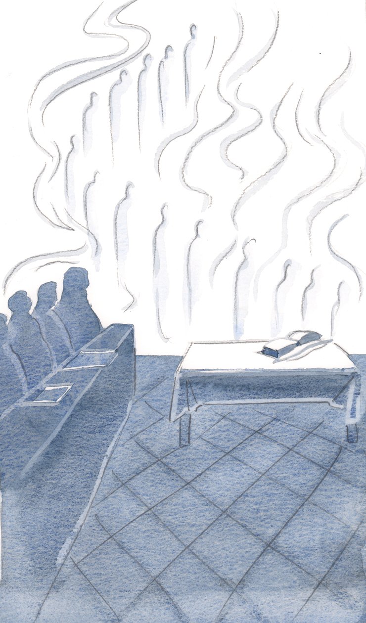 Os anjos ecoaram os humildes cantos dos frades, seu culto entrelaçado em alegria e bandeiras brilhantes, 2000 (w - c no papel) de Elizabeth Wang